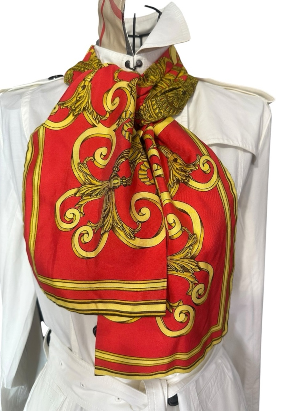 Hermes Red and Gold Baroque-Print Silk Scarf - Women's Accessory